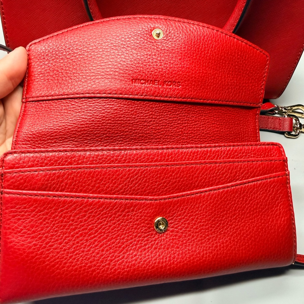 Michael Kors Red Satchel Top Handle Bag & Strap Wallet Set Gold Hardware - Picture 2 of 11